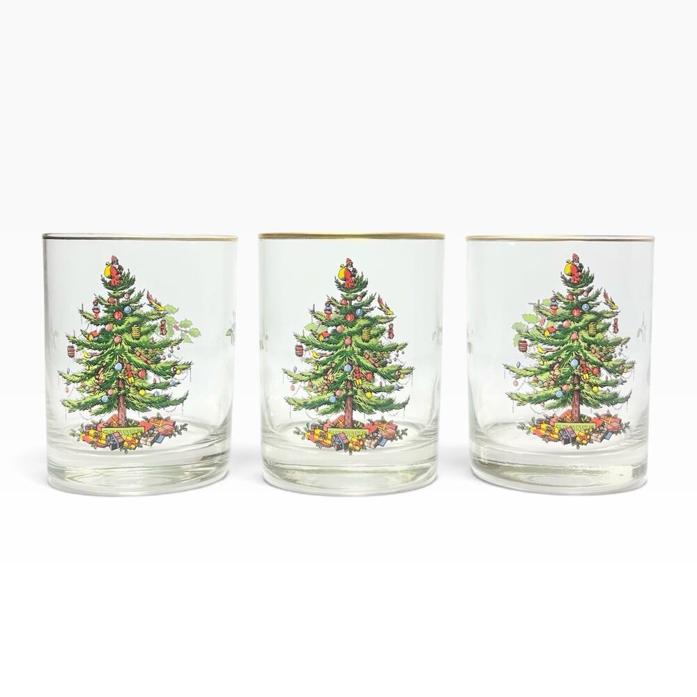 Spode “Christmas Tree” 3 Old Fashioned Tumbler Drinking Glasses 4 1/4” 14oz